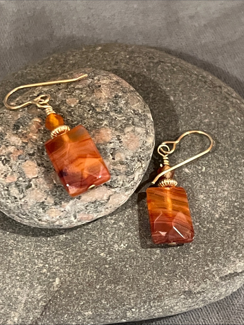 Carnelian faceted gemstone dangle earrings, hypoallergenic gold filled ear wires